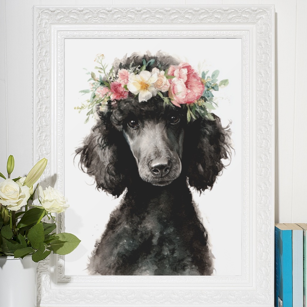 Watercolor Black Poodle with Flowers Crown Portrait Wall Art Print - Unframed - Picture 6 of 6